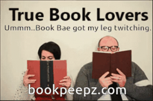 A Poster For True Book Lovers Shows A Man And A Woman Reading Books Together GIF
