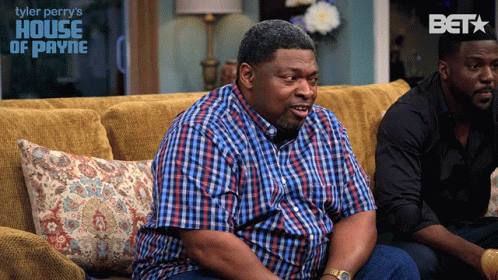 A Poster For Tyler Perry 'S House Of Payne Showing Two Men Sitting On A Couch GIF