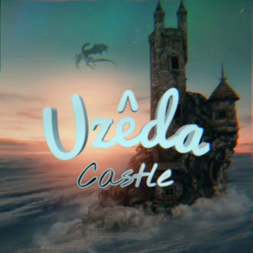 A Poster For Uzeda Castle Shows A Castle On A Small Island GIF