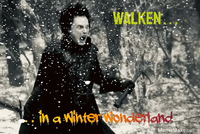 A Poster For Walken In A Winter Wonderland With A Man Holding A Hammer In The Snow GIF
