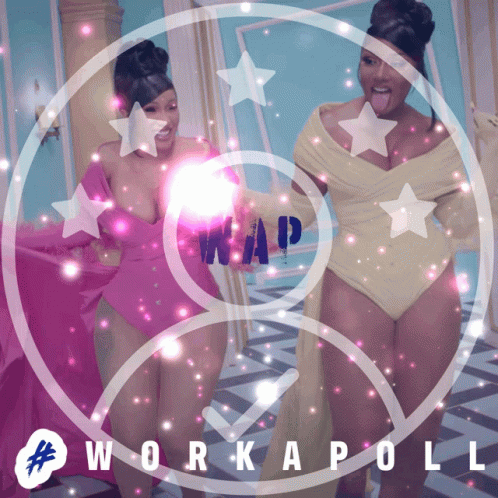 A Poster For Workapoll Shows Two Women In Pink And Yellow Dresses GIF
