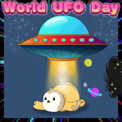 A Poster For World Ufo Day With A Sloth Coming Out Of A Spaceship GIF