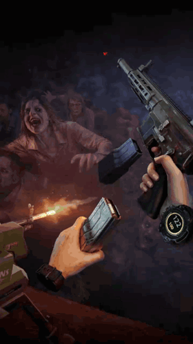 A Poster For World War Z Vr Shows A Person Holding A Gun GIF