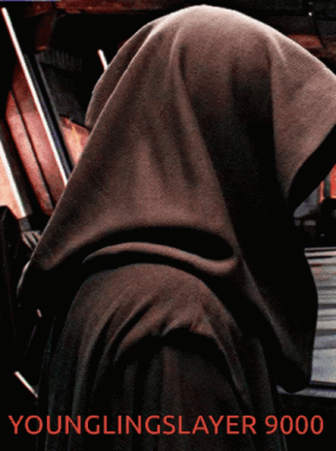A Poster For Younglingslayer 9000 Shows A Person With A Hood On Their Head GIF