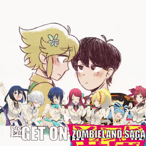 A Poster For Zombieland Saga Shows A Boy And Girl Looking At Each Other GIF
