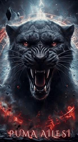 A Poster Of A Black Panther With Its Mouth Open And The Words Puma Atlesi Written Below It GIF