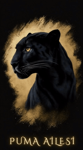 A Poster Of A Black Panther With Puma Ailesi Written In Gold GIF