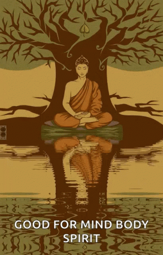 A Poster Of A Buddha Sitting Under A Tree With The Words Good For Mind Body Spirit GIF