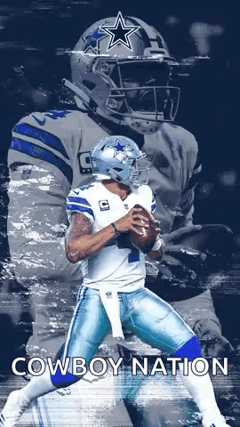 A Poster Of A Cowboys Football Player With The Words Cowboy Nation Below Him GIF