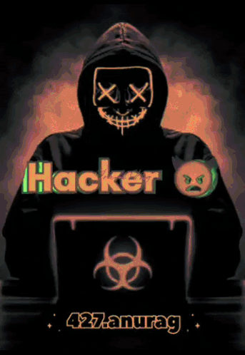a poster of a hacker with a biohazard symbol on a laptop