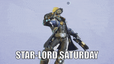 A Poster Of A Man Holding A Gun With The Words Star-Lord Saturday Below Him GIF