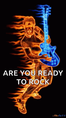 A Poster Of A Man Playing A Guitar With The Words Are You Ready To Rock GIF