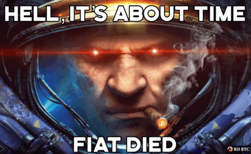 A Poster Of A Man Smoking A Cigar With The Words " Hell It 'S About Time Fiat Died " GIF