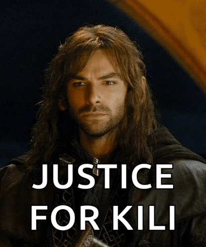 A Poster Of A Man With Long Hair And The Words Justice For Kili On It GIF