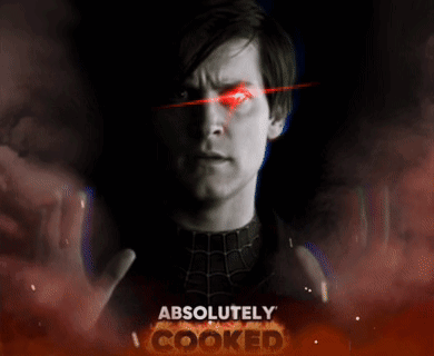 A Poster Of A Man With Red Eyes And The Words Absolutely Cooked Below Him GIF
