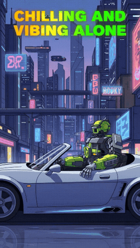 A Poster Of A Robot Driving A Car With The Words Chilling And Vibing Alone GIF