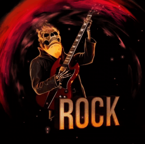 A Poster Of A Skeleton Playing A Guitar With The Word Rock In The Corner GIF