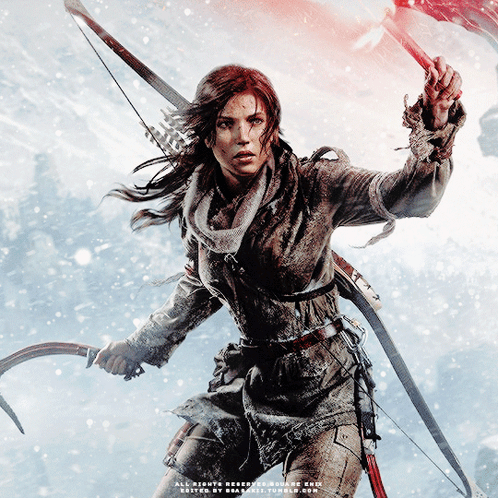 A Poster Of A Woman Holding A Bow And Arrow With The Words " Tomb Raider " On It GIF