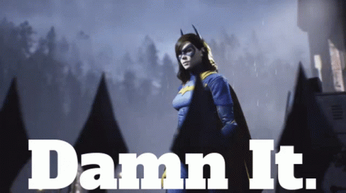 A Poster Of A Woman In A Batman Costume With The Words Damn It GIF