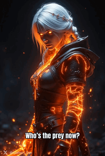 A Poster Of A Woman With Fire Around Her And The Words Who 'S The Prey Now GIF