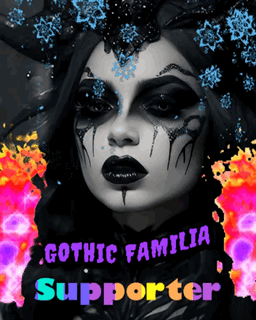 A Poster Of A Woman With Gothic Familia Supporter Written On The Bottom GIF
