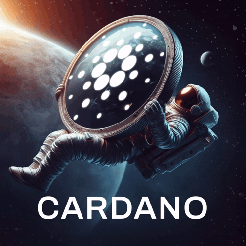 A Poster Of An Astronaut Holding A Cardano Coin In Space GIF