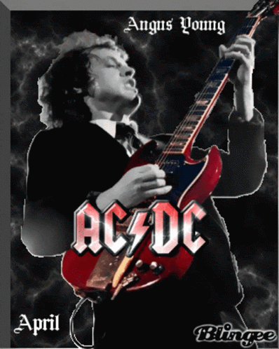 A Poster Of Angus Young From Ac Dc Playing A Red Guitar GIF