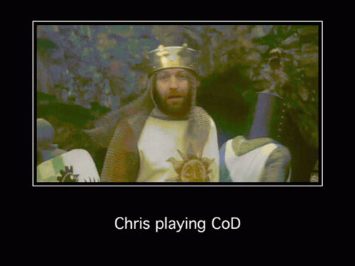A Poster Of Chris Playing Cod With A Picture Of A Man In Armor GIF