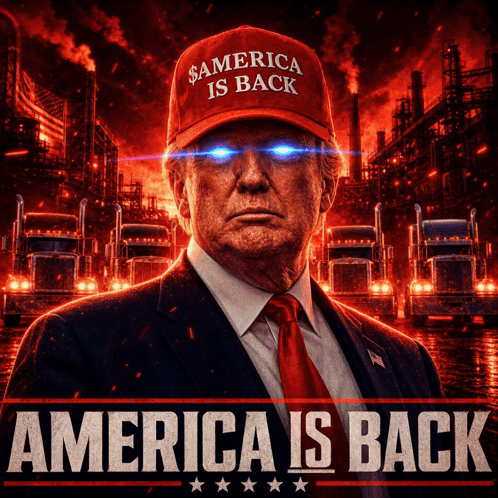 A Poster Of Donald Trump With A Red Hat That Says America Is Back GIF