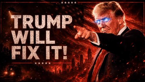 A Poster Of Donald Trump With The Words Trump Will Fix It Behind Him GIF