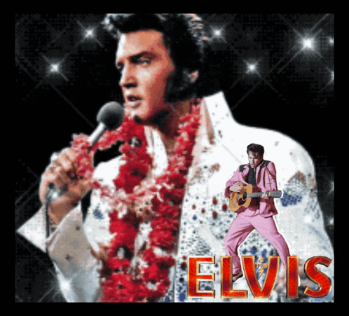 A Poster Of Elvis Presley Singing Into A Microphone And Playing A Guitar GIF