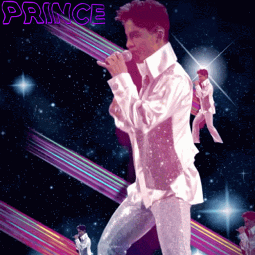 A Poster Of Prince With A Microphone In His Hand GIF