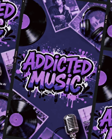A Poster That Says " Addicted Music " Is Surrounded By Records And Headphones GIF