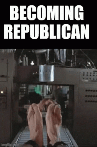 a poster that says becoming republican with a picture of a person 's feet on a conveyor belt