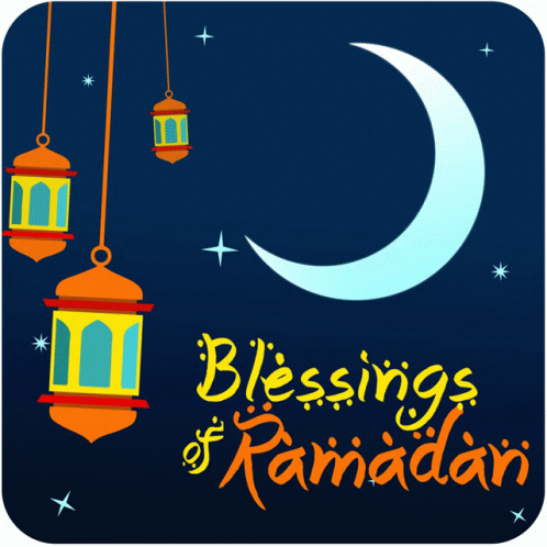 A Poster That Says Blessings Of Ramadan With A Crescent Moon And Lanterns GIF