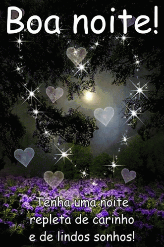 A Poster That Says Boa Noite With Purple Flowers And Hearts GIF