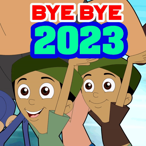 A Poster That Says Bye Bye 2023 With Cartoon Characters On It GIF
