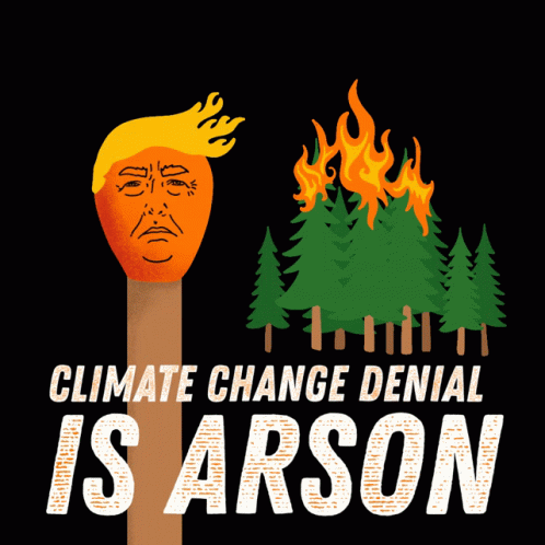 A Poster That Says Climate Change Denial Is Arson With A Trump Face On A Match GIF