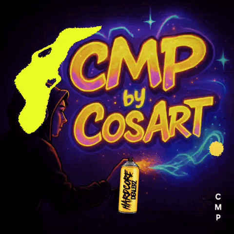 A Poster That Says Cmp By Cosart With A Person Holding A Can Of Hardcore GIF