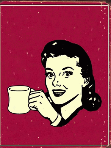 A Poster That Says Coffee On It With A Woman Holding A Cup Of Coffee GIF