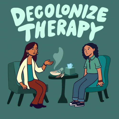 A Poster That Says Decolonize Therapy With Two Women Sitting At A Table GIF