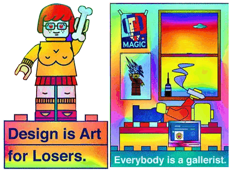 a poster that says design is art for losers next to a poster that says magic
