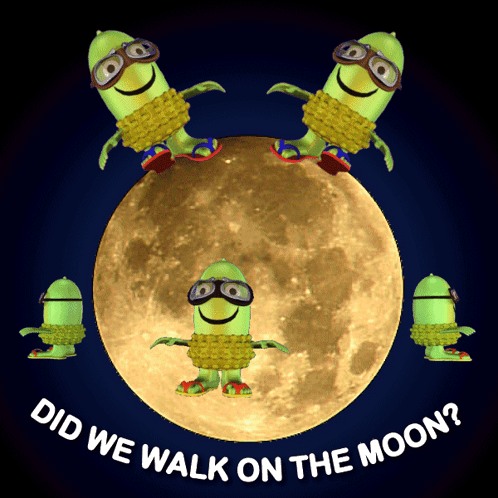 A Poster That Says " Did We Walk On The Moon " With A Full Moon In The Background GIF