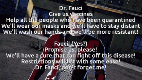 A Poster That Says " Dr. Fauci Give Us Vaccines " On It GIF