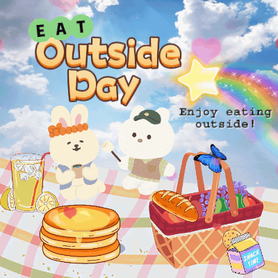 A Poster That Says Eat Outside Day With A Bunny And A Bear GIF