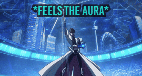 A Poster That Says Feels The Aura With A Man Holding A Blue Object GIF