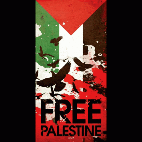 A Poster That Says Free Palestine With A Flag And Birds GIF