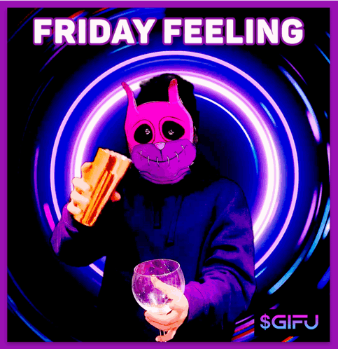 A Poster That Says Friday Feeling With A Person Holding A Glass GIF