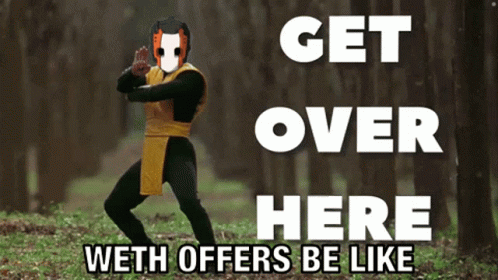 A Poster That Says Get Over Here With Offers Be Like In White Letters GIF