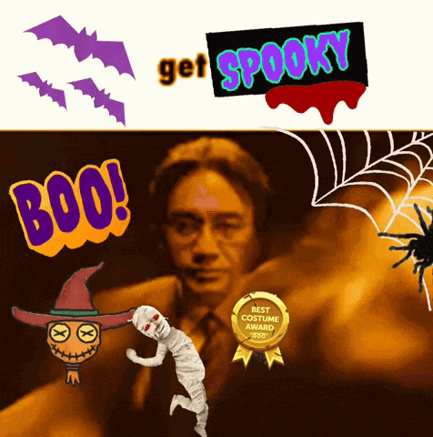 A Poster That Says Get Spooky With A Spider And A Mummy GIF